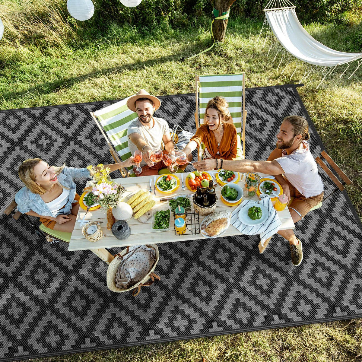 Kalafun outdoor rug features waterproof material for simple cleanup after splashes or rain