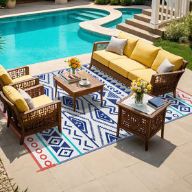 Kalafun rug laid on pool deck, UV-resistant and waterproof.