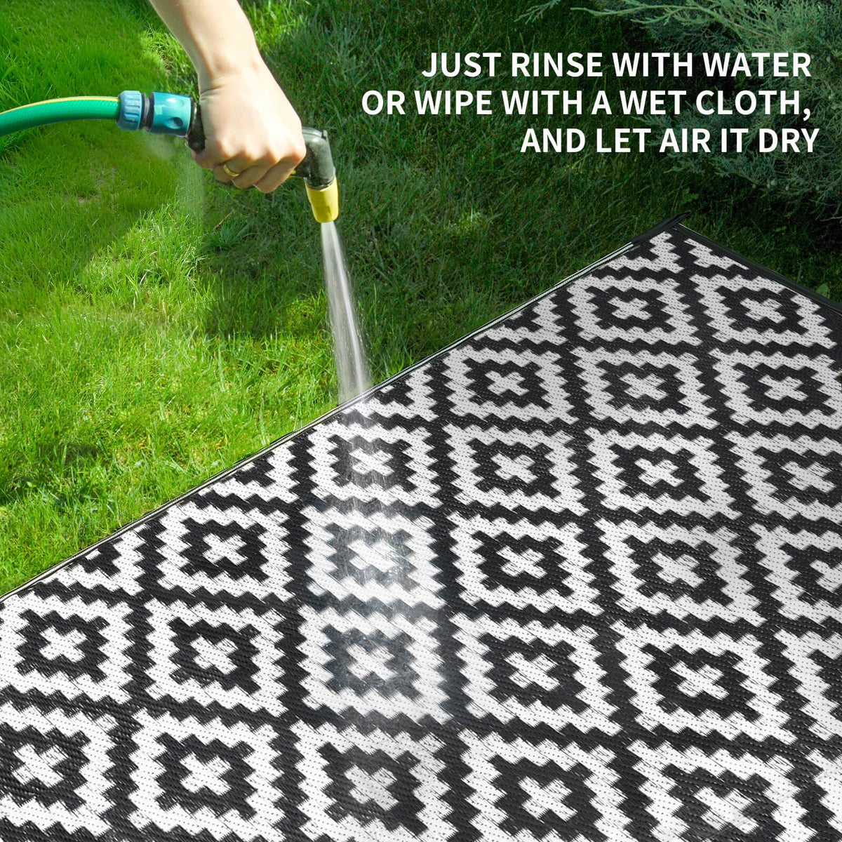 Kalafun portable rug packs flat for travel to campsites or RV trips.
