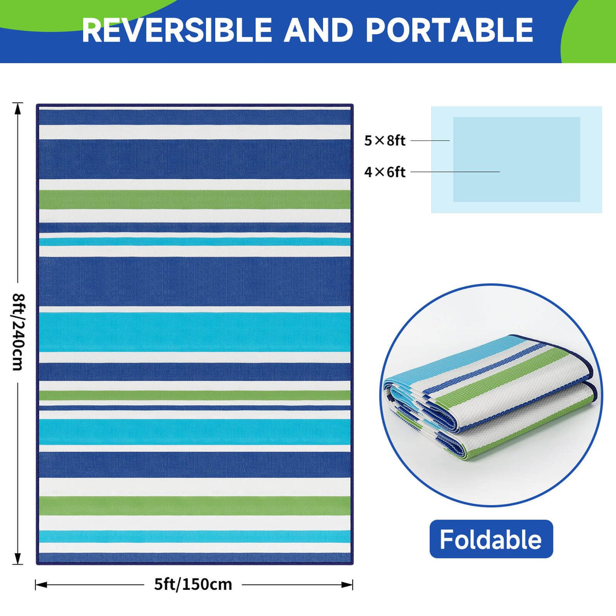 Kalafun blue-green rug for RVs and camper porches with durable edges