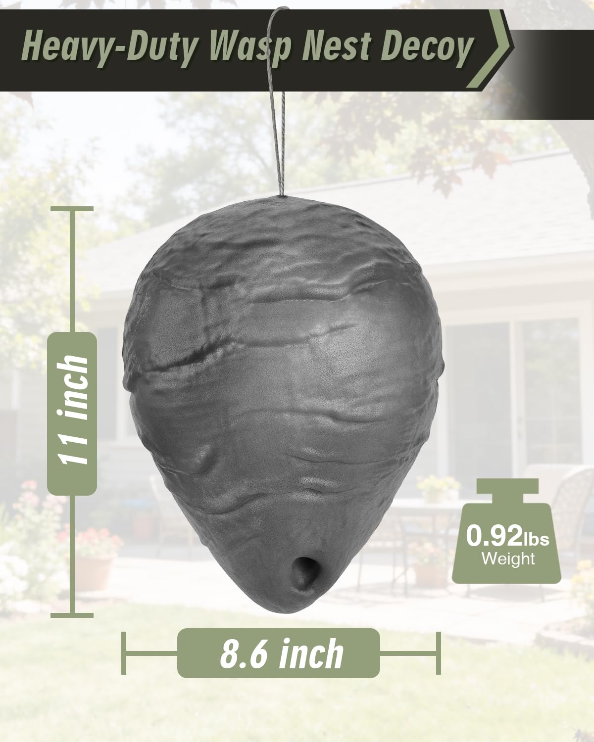 Kalkal Wasp Nest Decoy hanging under eaves blends with exterior spaces.