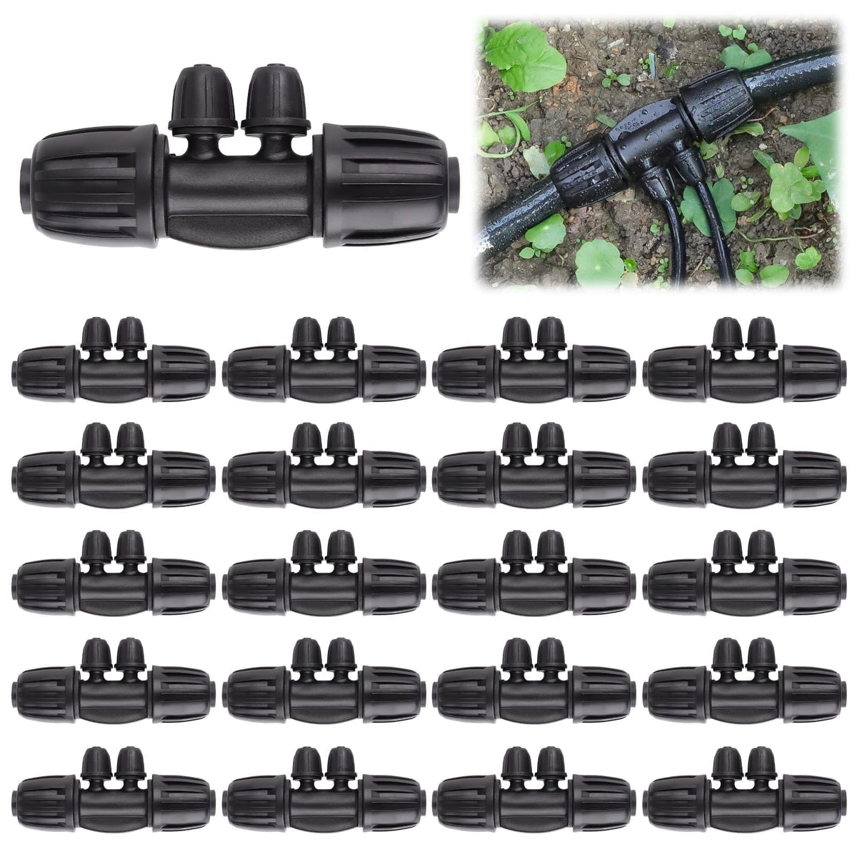 Kalolary locked barbed tee 4-way connector for versatile irrigation distribution in gardens.