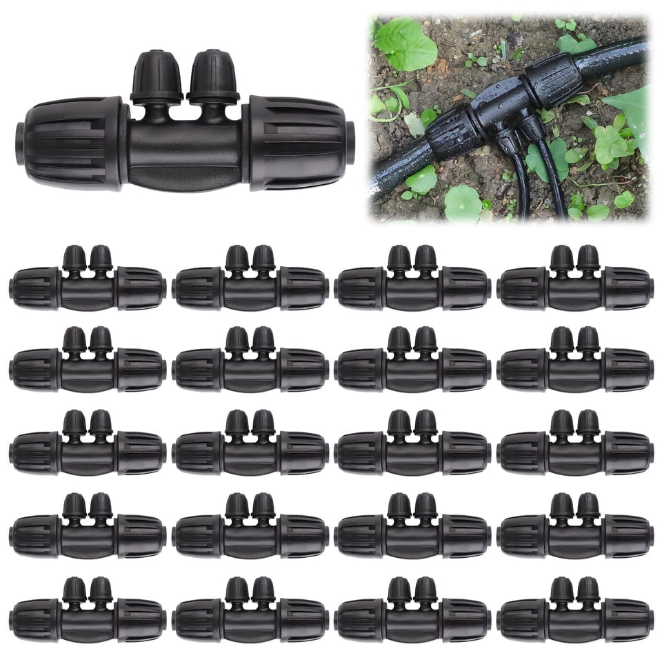 Kalolary locked barbed tee 4-way connector for versatile irrigation distribution in gardens.