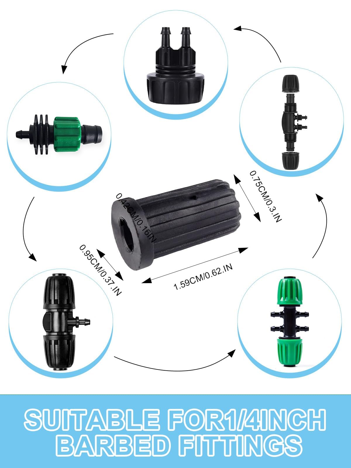 Kalolary six-way adapter enables multiple branch connections in drip layouts.