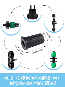 Kalolary six-way adapter enables multiple branch connections in drip layouts.