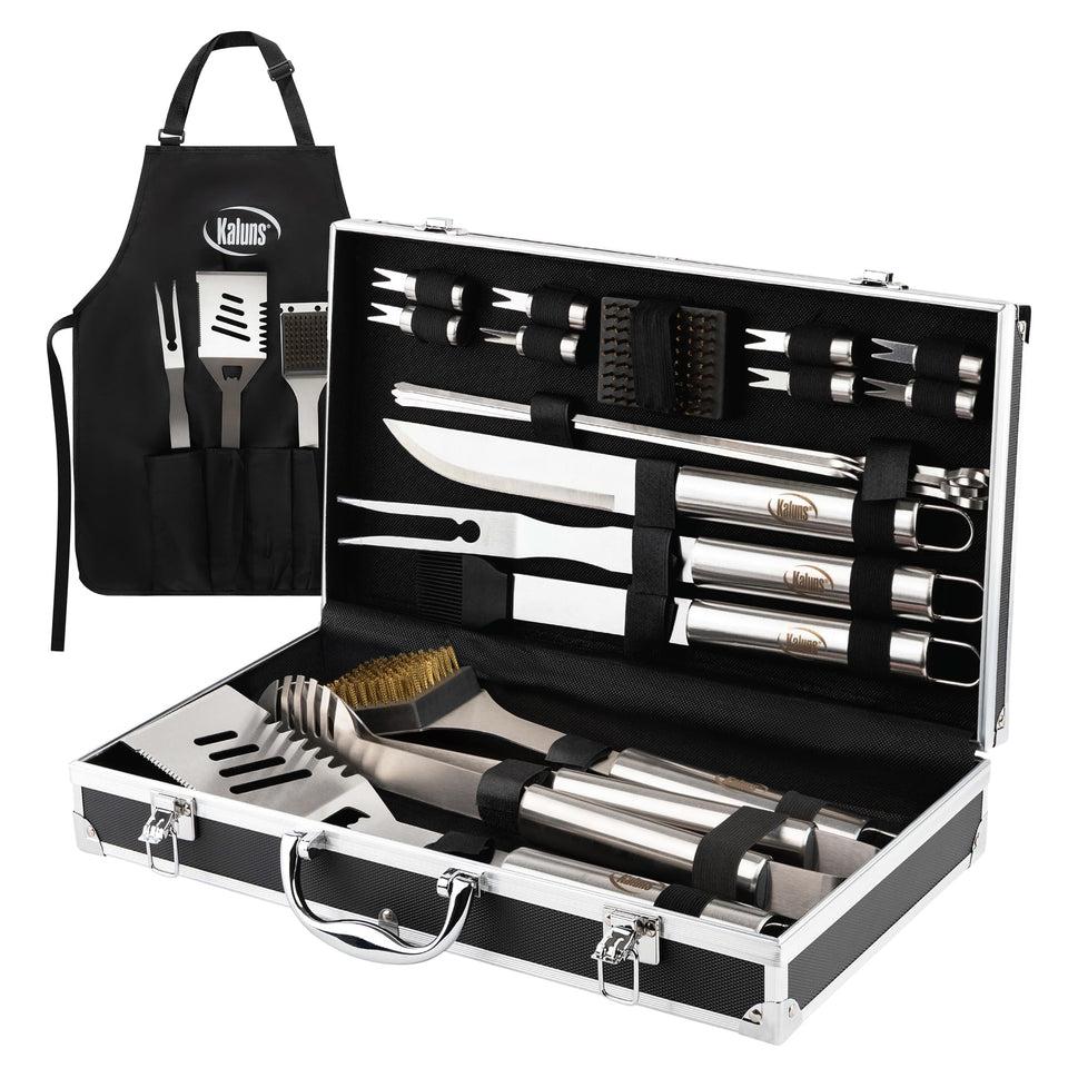 Kaluns 21-piece grill set displayed for outdoor barbecues, durable and ready to use.