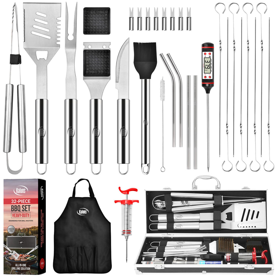 Kaluns 32-piece grilling set in aluminum case for organized outdoor cooking