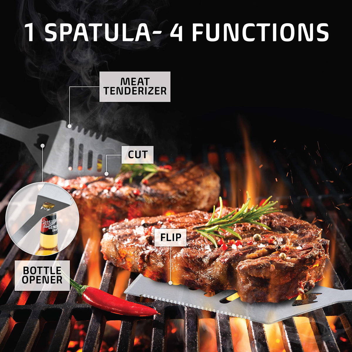 Kaluns four-function spatula designed for versatility at the grill.