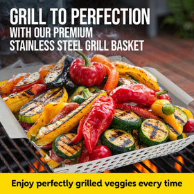 Kaluns grill basket long handles enable safe, comfortable tossing.