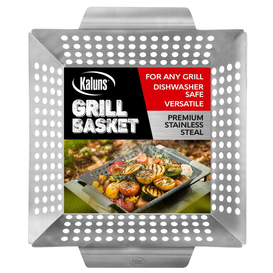 Kaluns grill basket rectangle design for even grilling.