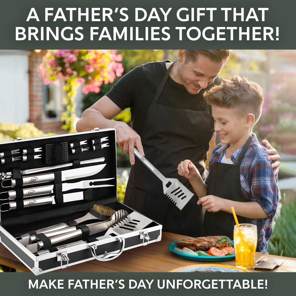 Kaluns tongs, fork, and knife set, ideal for precise grilling and flipping.