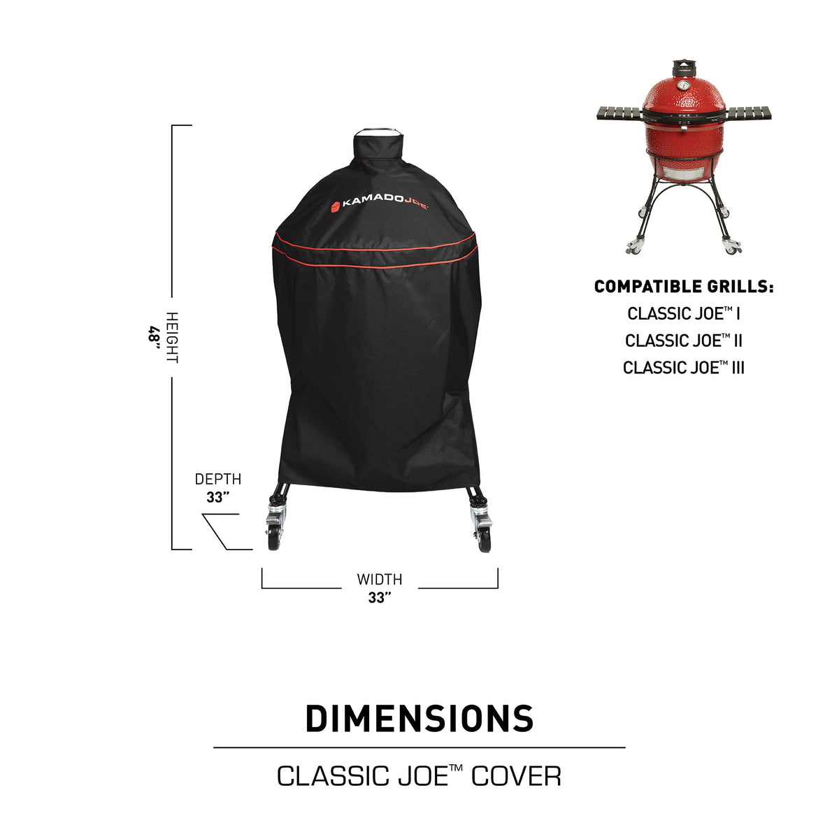 Kamado Joe Classic Joe cover compatibility with round grills keeps outdoor cooking gear organized.