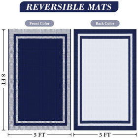 KMAT outdoor rug blue-white waterproof surface protects decks.