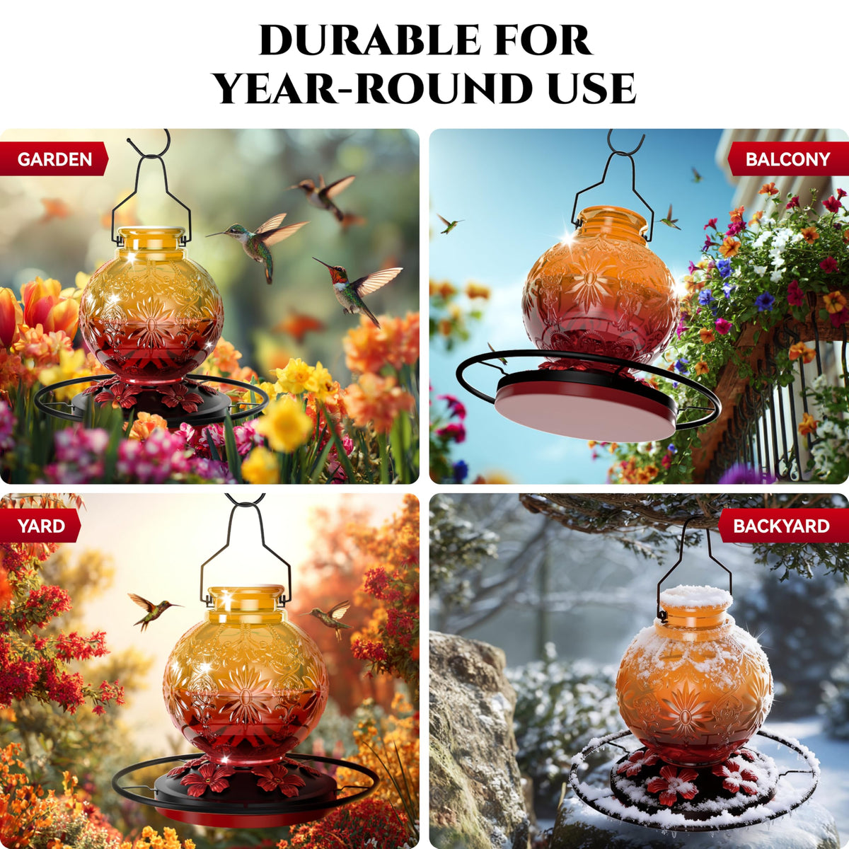 KAMIVERDE large 25 oz capacity glass feeder suits extended outdoor use.