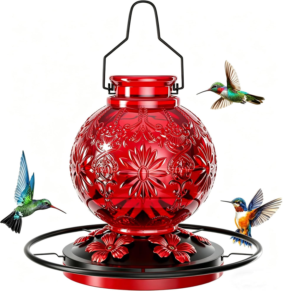 Kamiverde glass hummingbird feeder with flower ports attracts birds for vibrant garden viewing