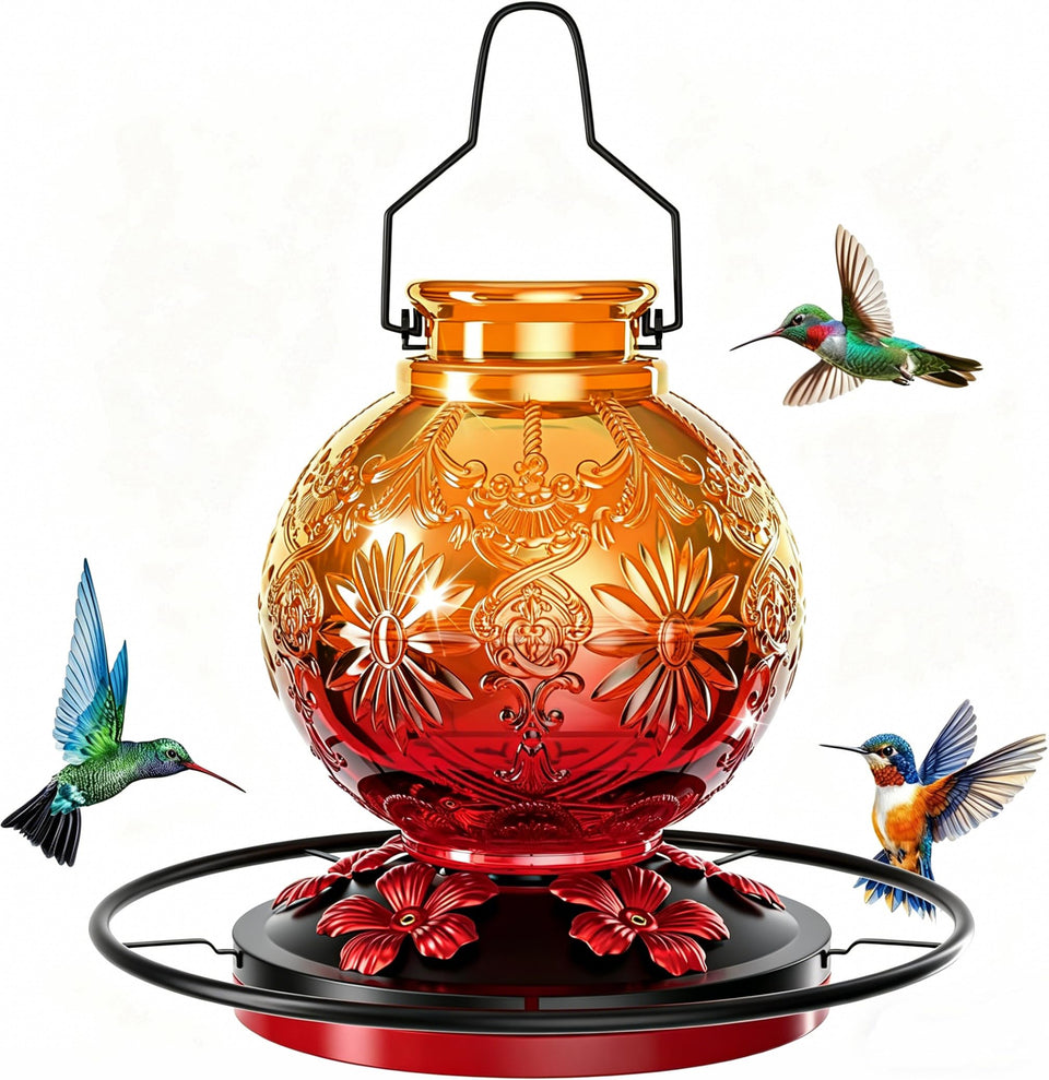KAMIVERDE glass hummingbird feeder with orange flower ports attracts hummingbirds to your garden.