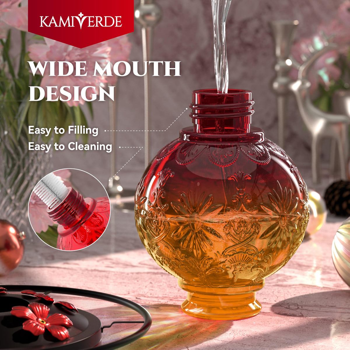 KAMIVERDE wide-mouth bottle makes refilling quick and easy.