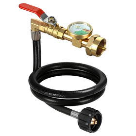 Kamnowal propane refill adapter assembly enables secure transfer between 20lb and 1lb tanks.