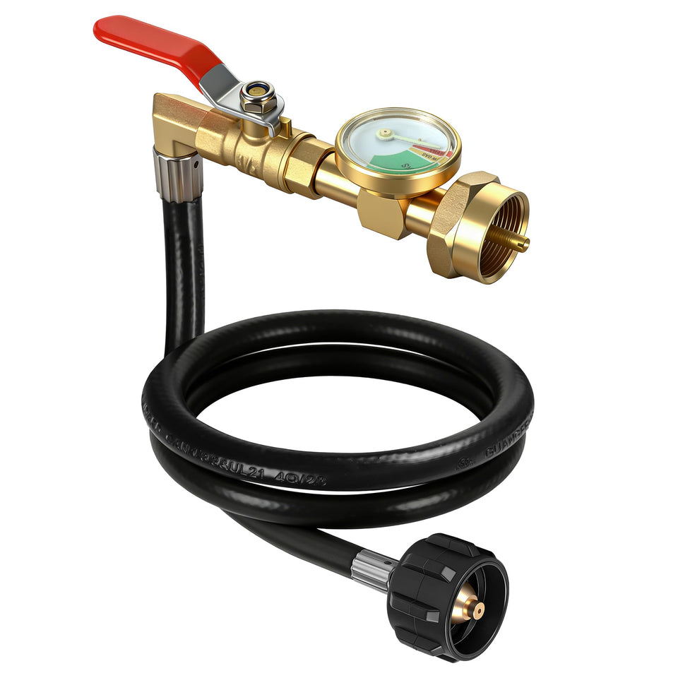 Kamnowal propane refill adapter assembly enables secure transfer between 20lb and 1lb tanks.