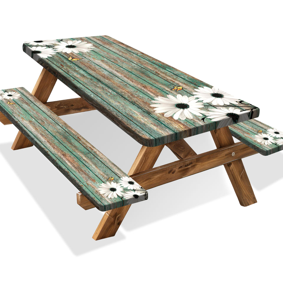 Kamoor Daisy wood grain table cover protects surfaces during outdoor dining.