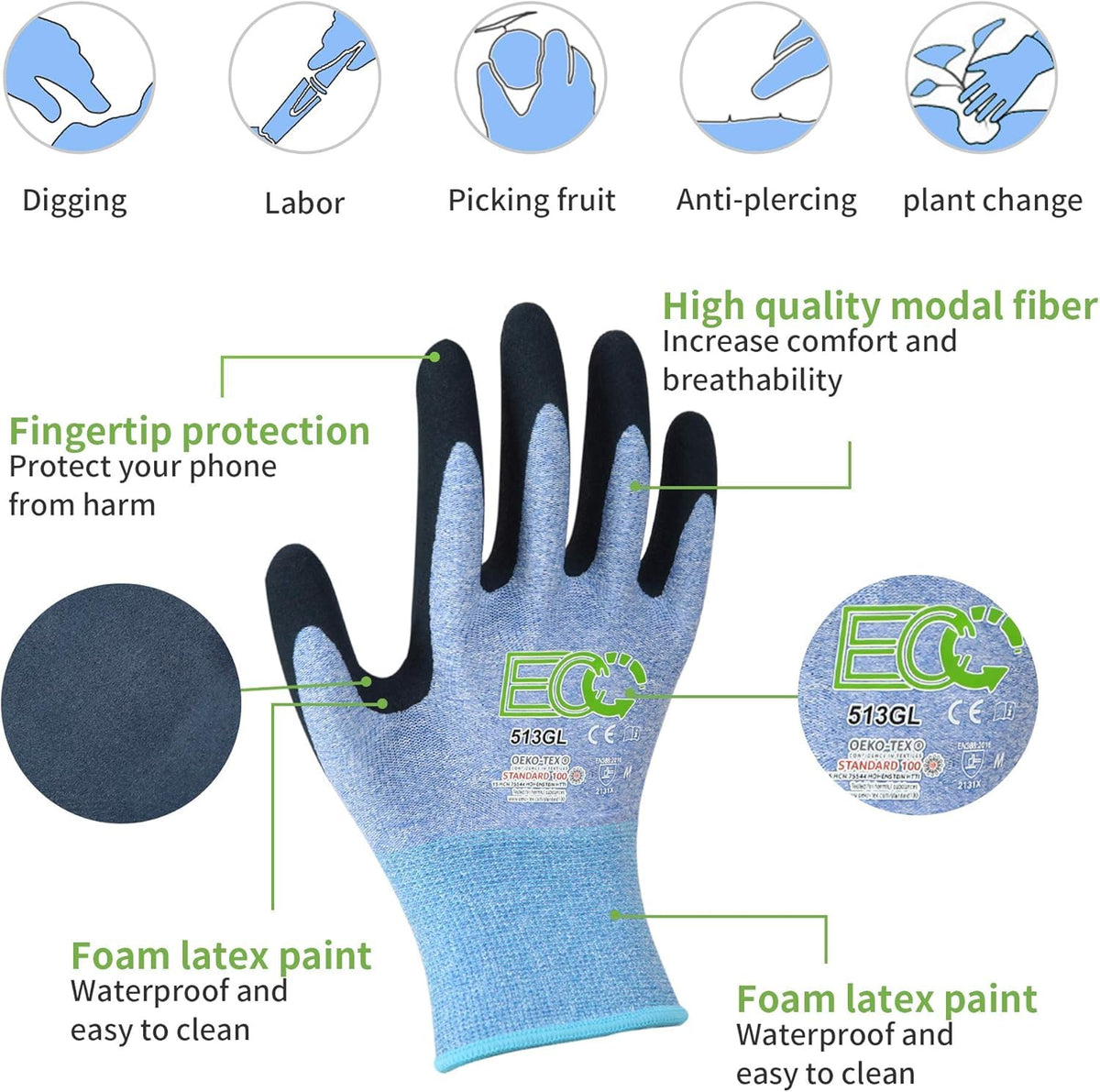 KANGLONGDA blue-coated gardening gloves offering breathable protection