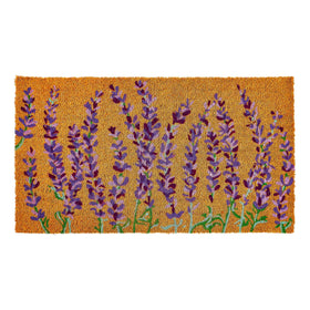KANKUN coco coir door mat with lavender floral pattern for welcoming style and dirt scraping.