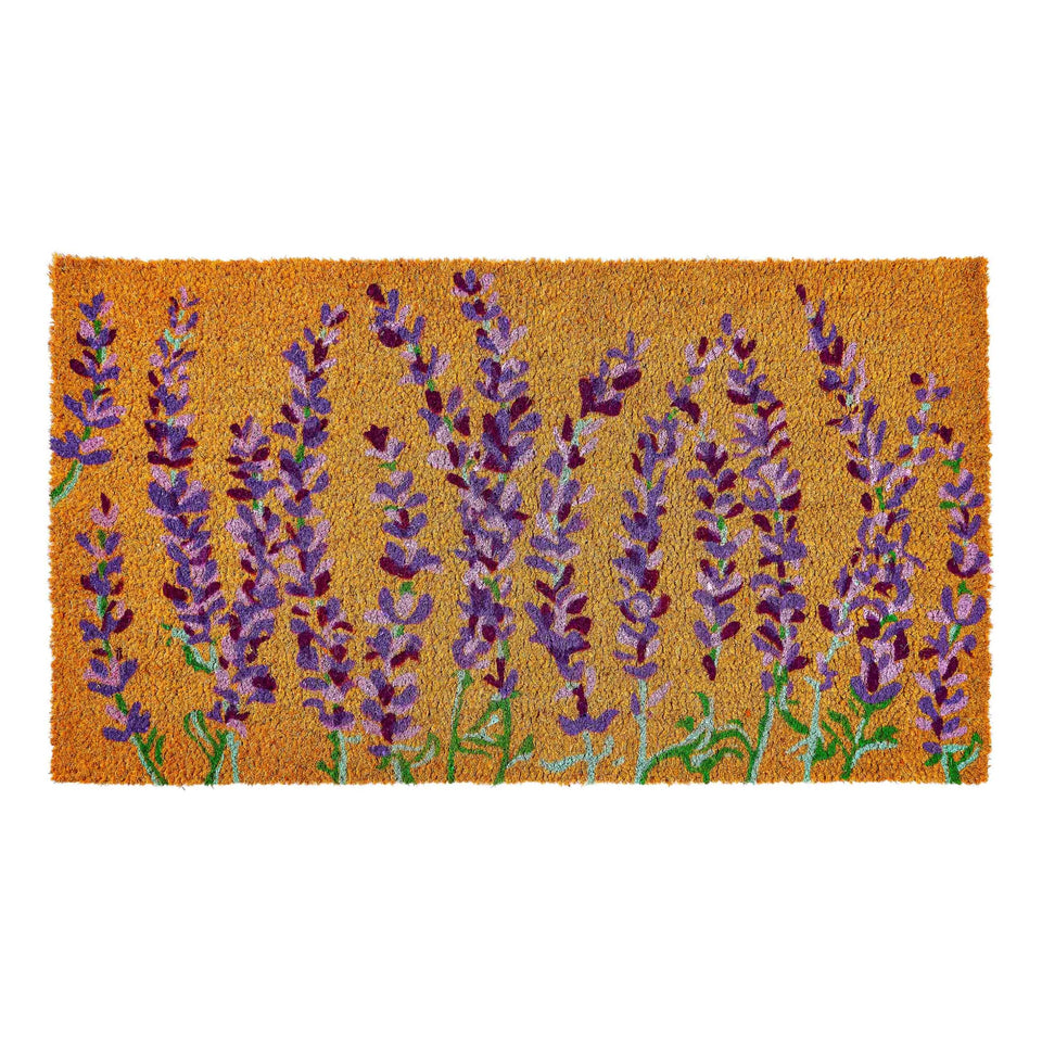 KANKUN coco coir door mat with lavender floral pattern for welcoming style and dirt scraping.