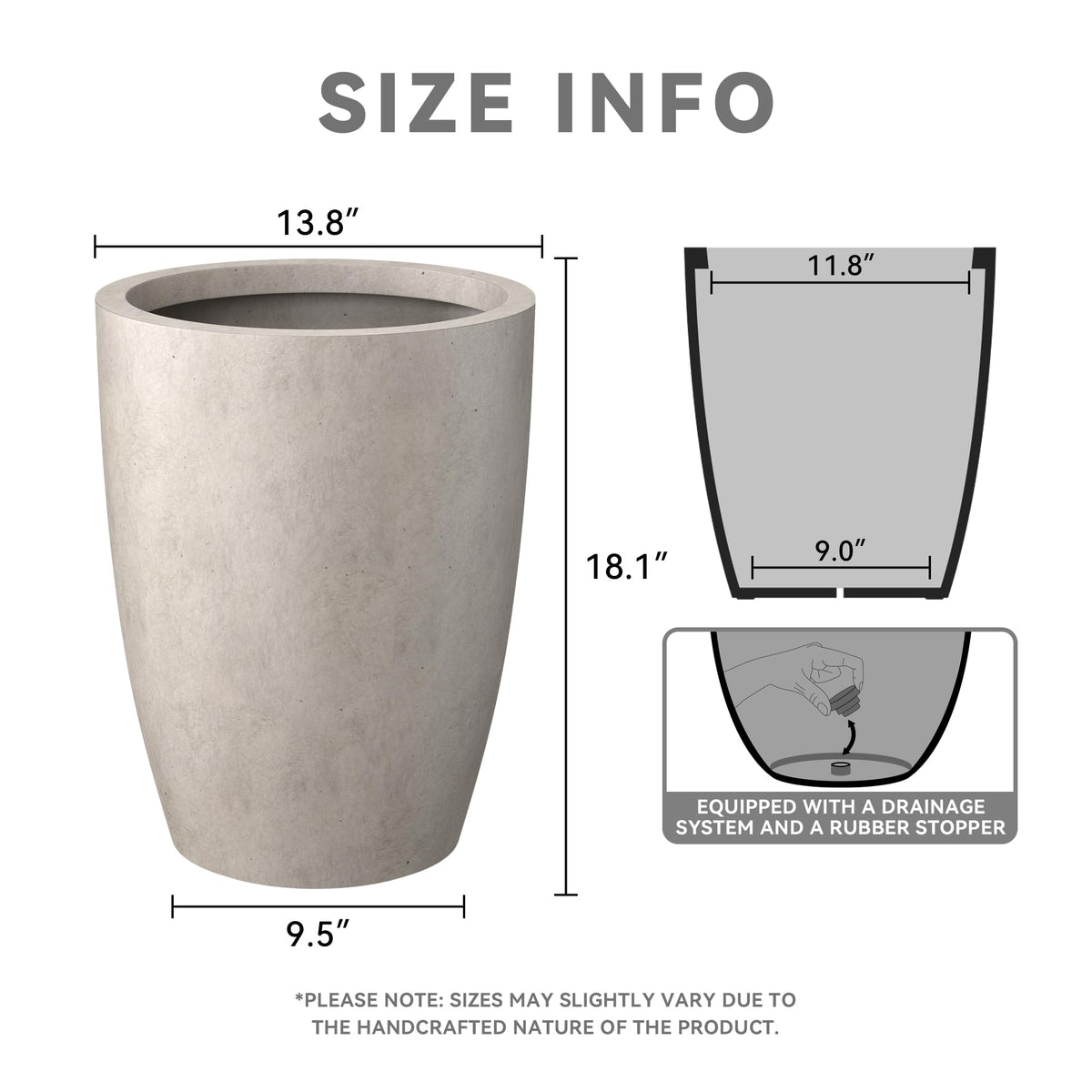 Kante planter with drainage hole and rubber plug for indoor or outdoor use.