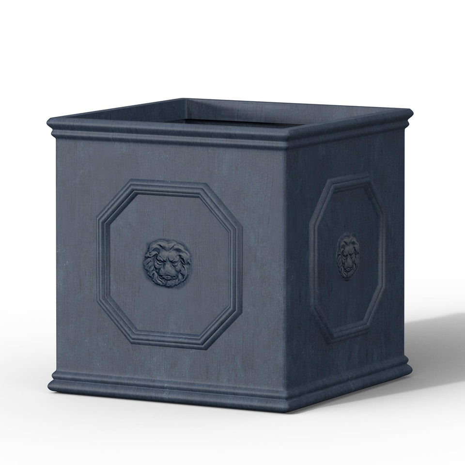 Kante square lion head planter with embossed detail for elegant outdoor display