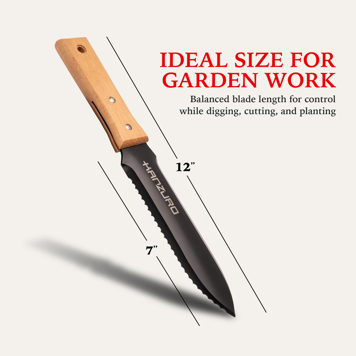 Kanzuro Hori Hori knife shows depth markings for precise planting in beds and pots