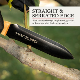 Kanzuro Hori Hori dual-edge blade supports cutting roots and slicing soil efficiently