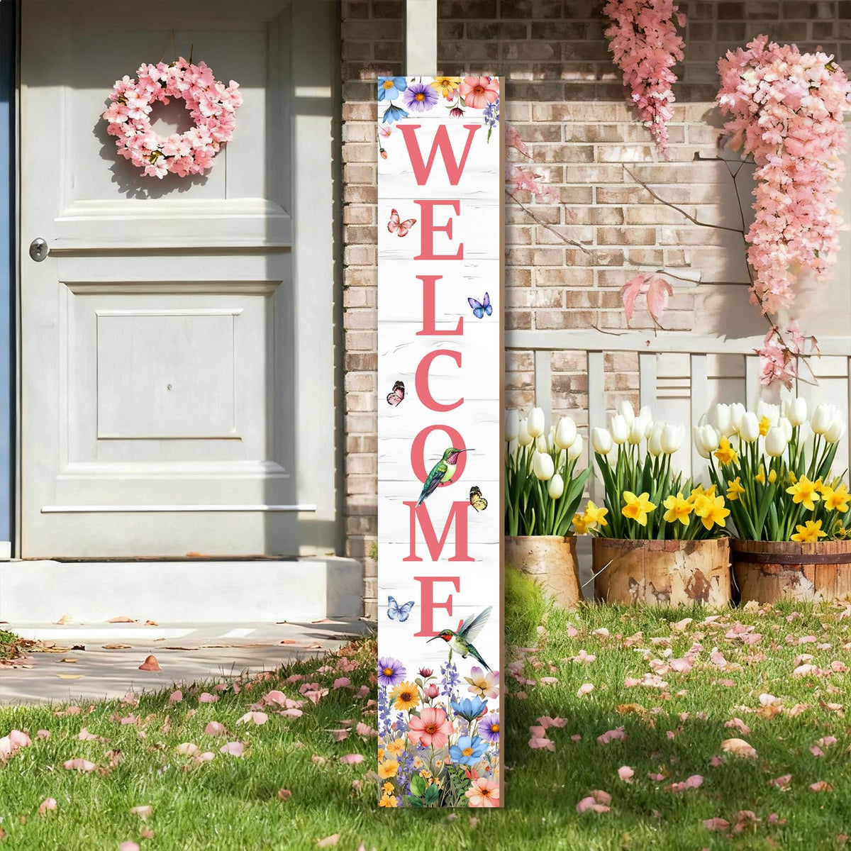KAPLIPE hummingbird welcome sign with watercolor floral design for outdoor yard decor.