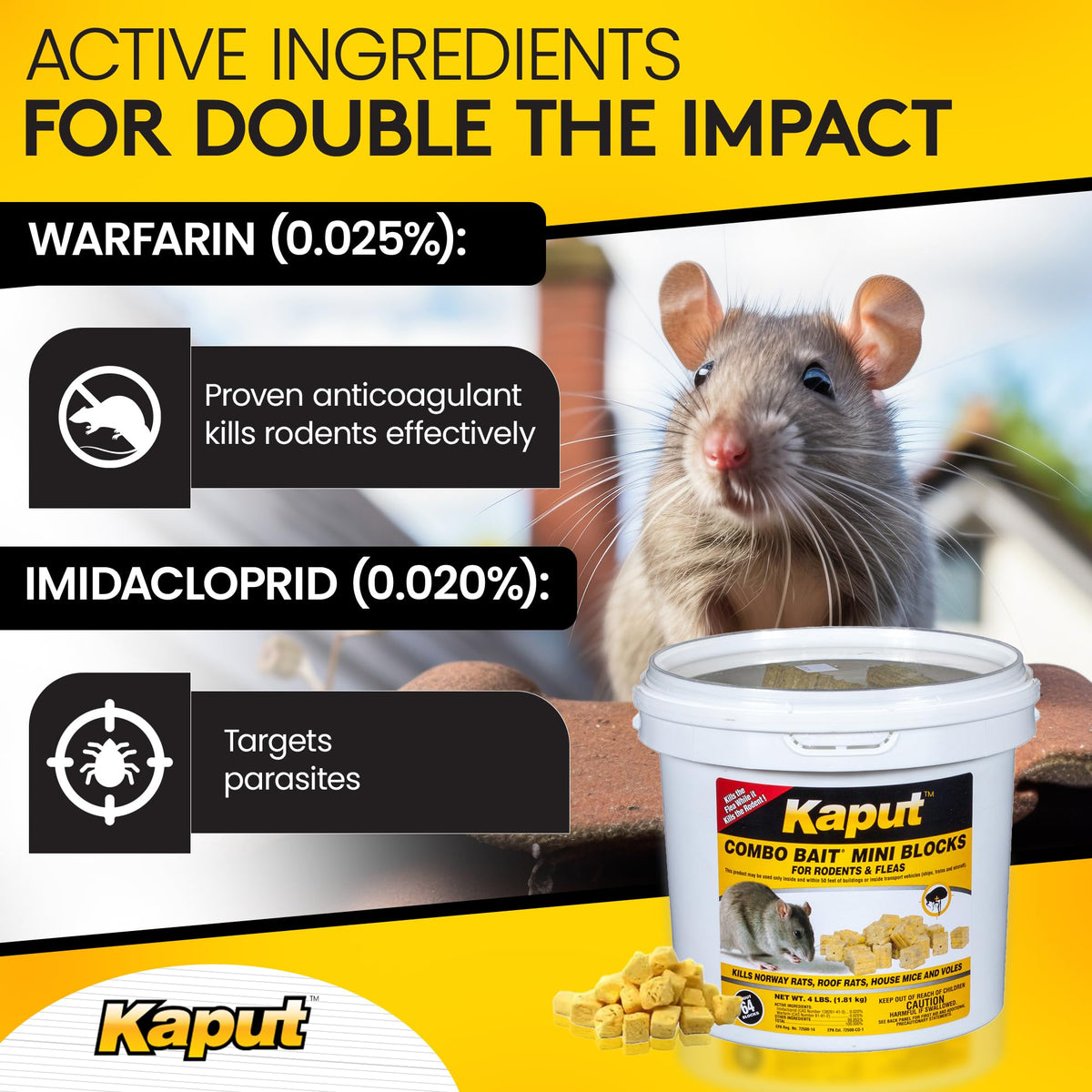 Kaput Combo Bait Mini Blocks on a tray, ideal for mess-free placement in busy spaces.