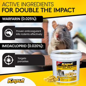 Kaput Combo Bait Mini Blocks on a tray, ideal for mess-free placement in busy spaces.