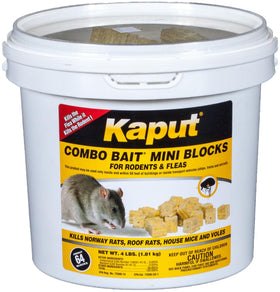 Kaput Combo Bait Mini Blocks in a bucket close-up for long-lasting rodent control at home.