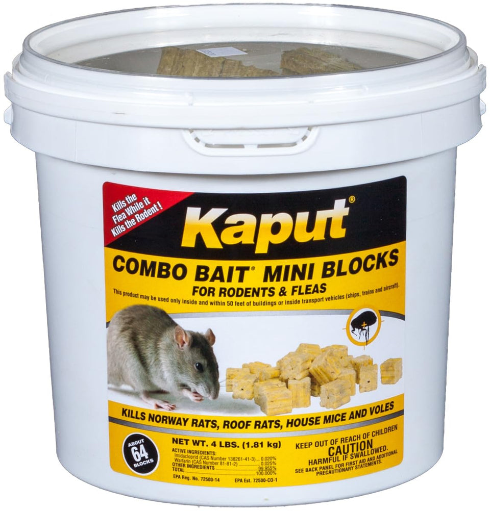 Kaput Combo Bait Mini Blocks in a bucket close-up for long-lasting rodent control at home.