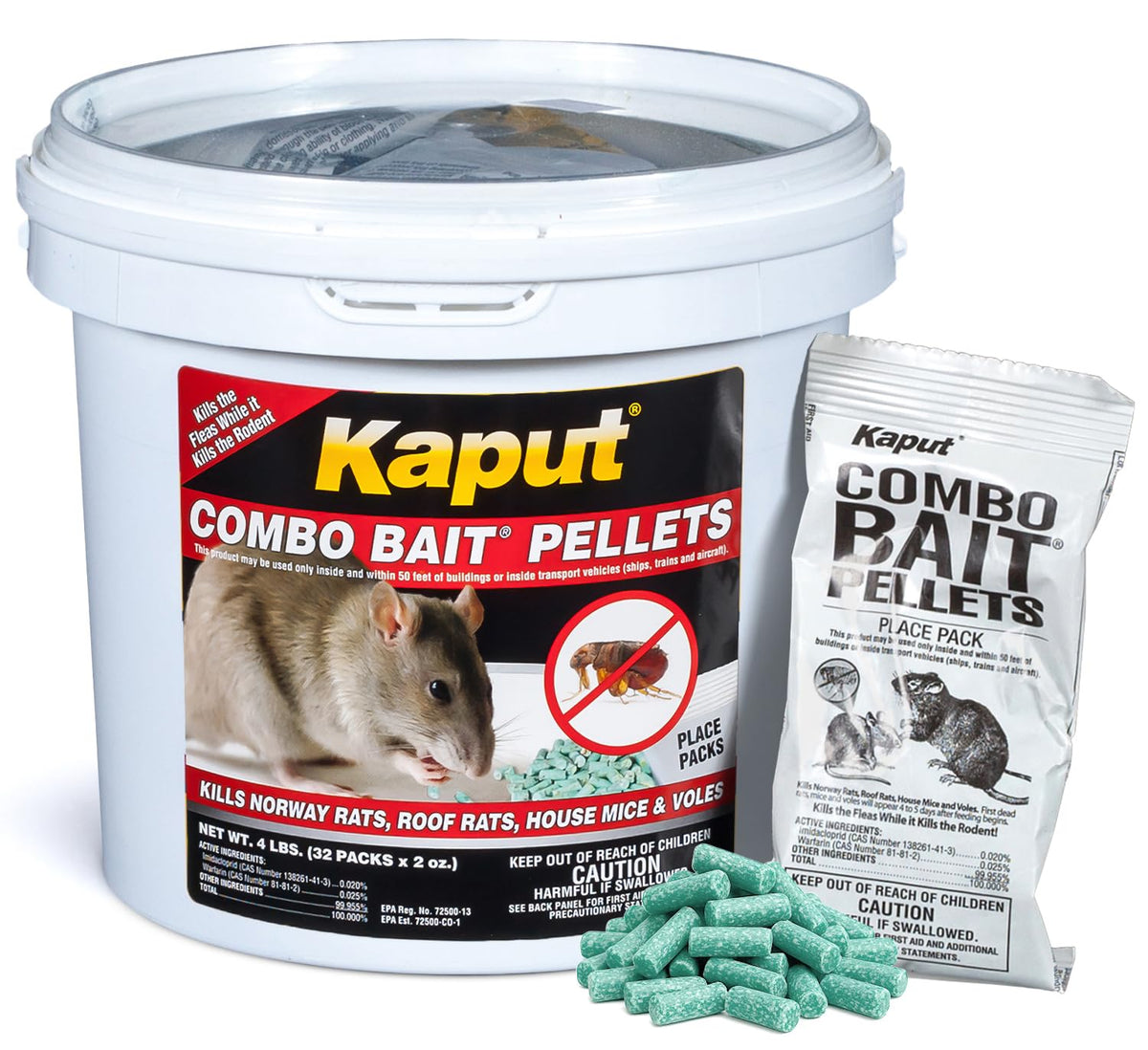 Kaput Combo Bait Pellets 32–2oz packs; convenient for efficient rodent and flea management.
