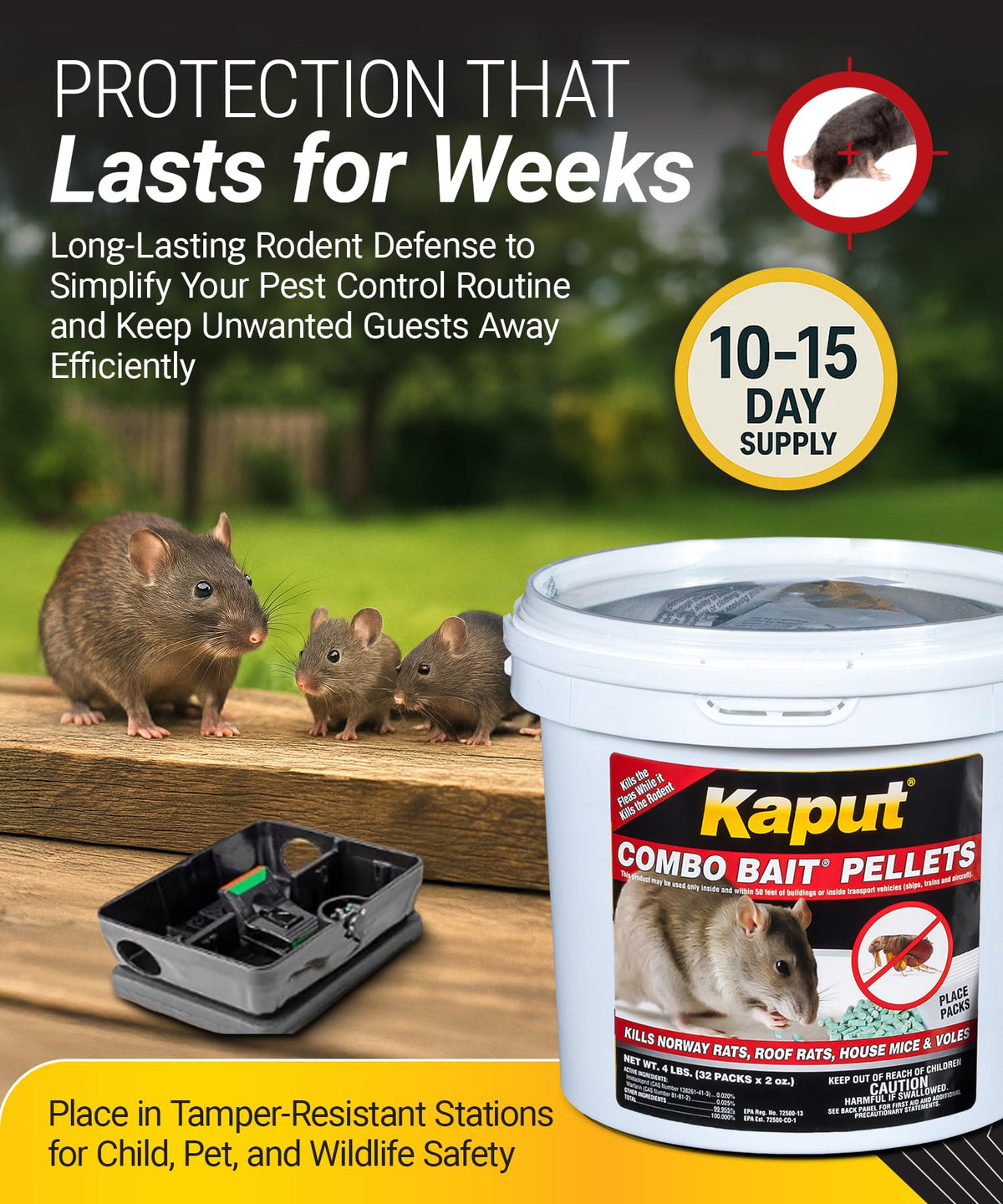 Kaput Combo Bait Pellets provide a 10–15 day supply per pack for ongoing control.