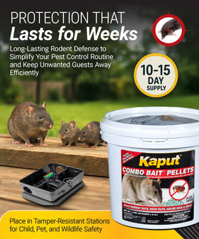 Kaput Combo Bait Pellets provide a 10–15 day supply per pack for ongoing control.