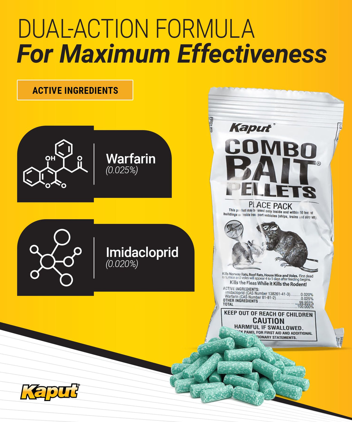 Kaput Combo Bait Pellets indoors placement reduces infestations near entryways.