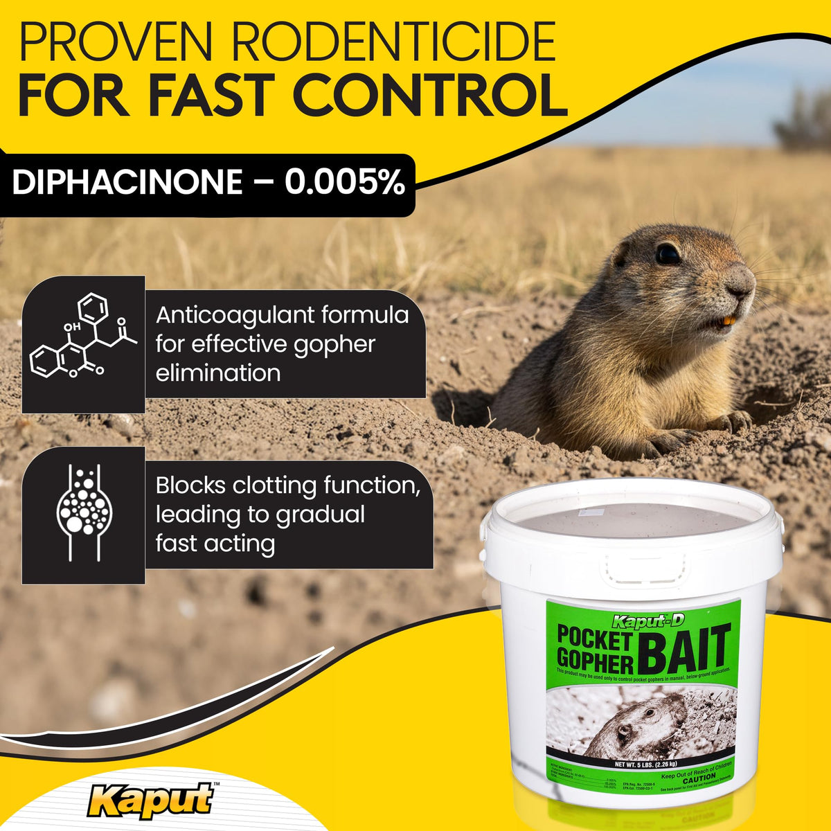 Kaput-D Gopher Bait grains ready to apply in lawns or farms for pest control.