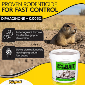 Kaput-D Gopher Bait grains ready to apply in lawns or farms for pest control.