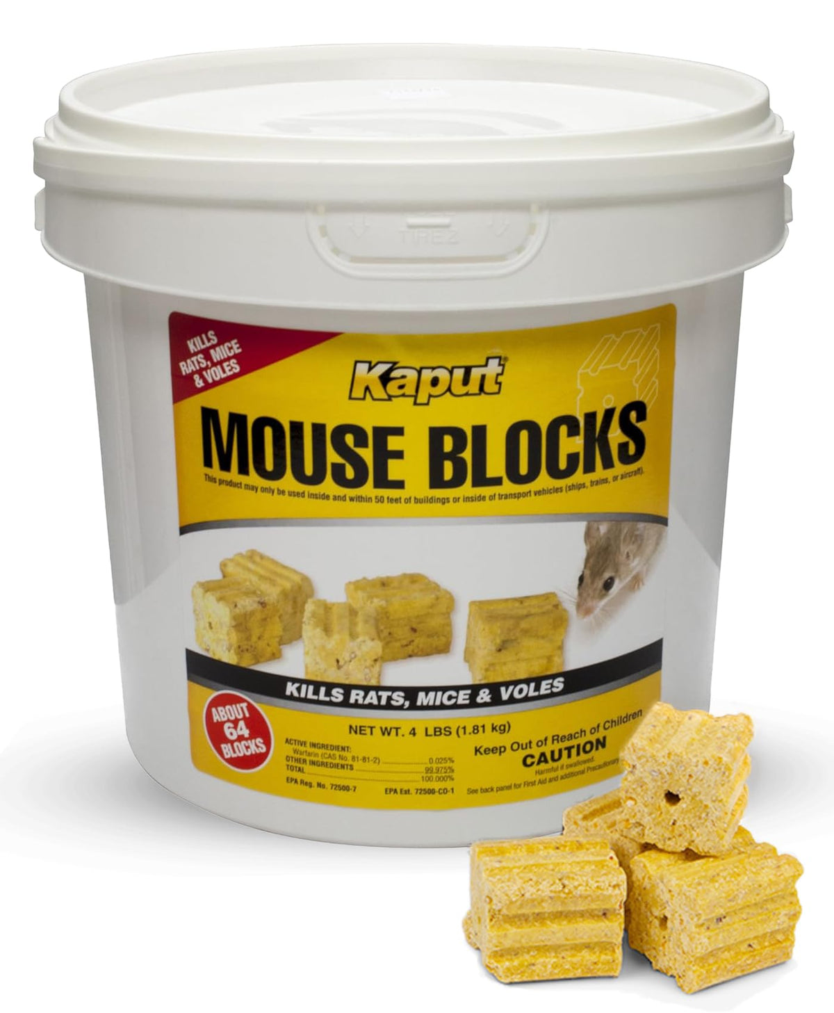 Kaput mouse blocks close-up showing targeted rodent bait for homes.