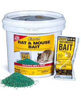 Kaput rat bait packet closeup, ready-to-use 2 oz sachets for indoor placement.