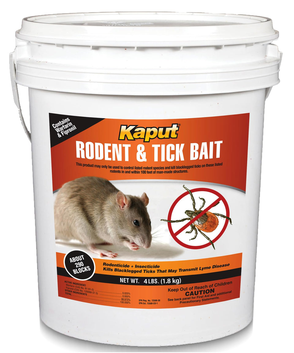 Kaput 4Lb bait blocks in packaging ready for rodent and tick control.