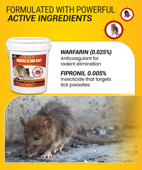 Close-up of Kaput bait blocks showing dual-action formulation for rodents and ticks.