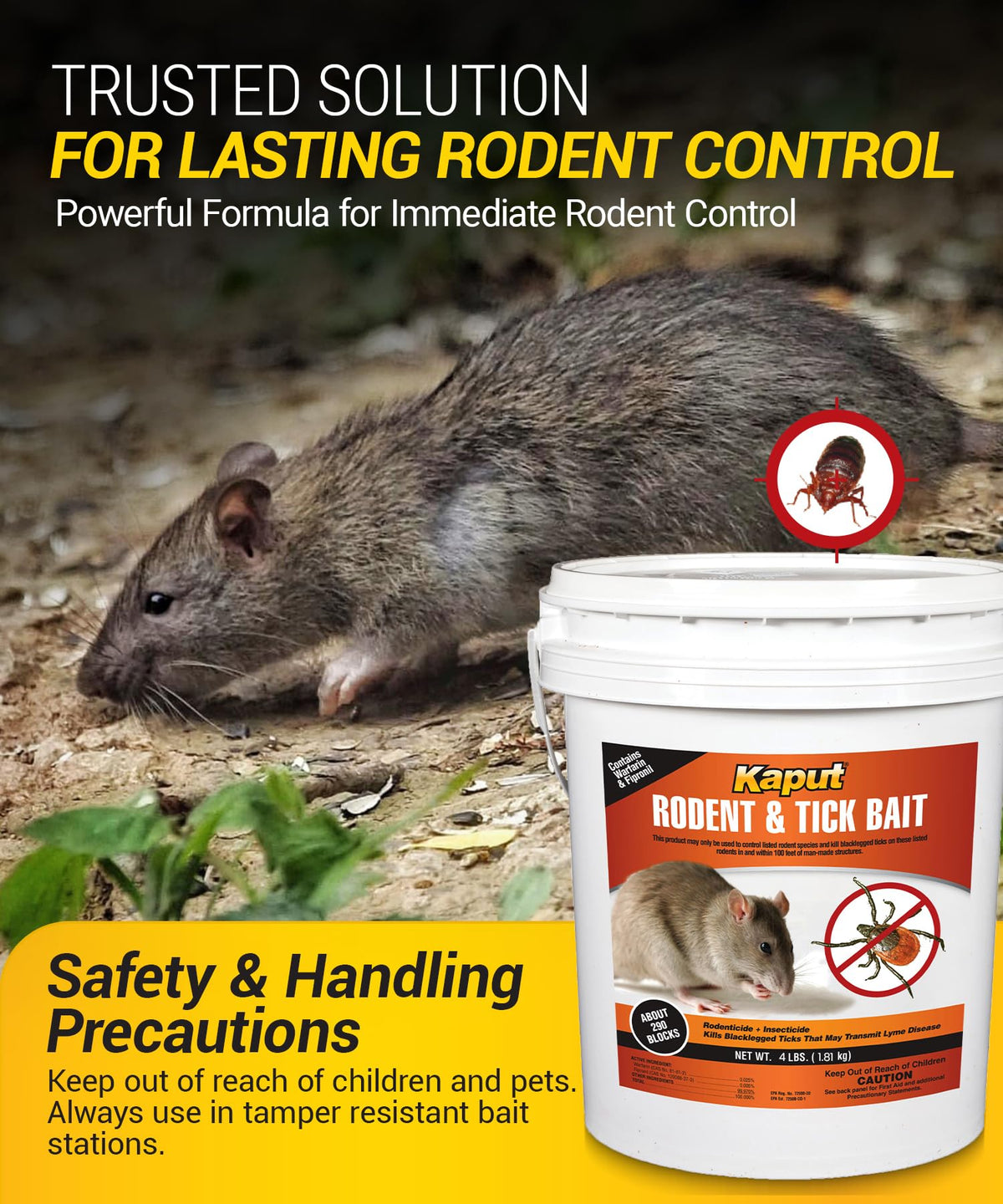 Packaging and display of Kaput 4Lb rodent and tick bait blocks.