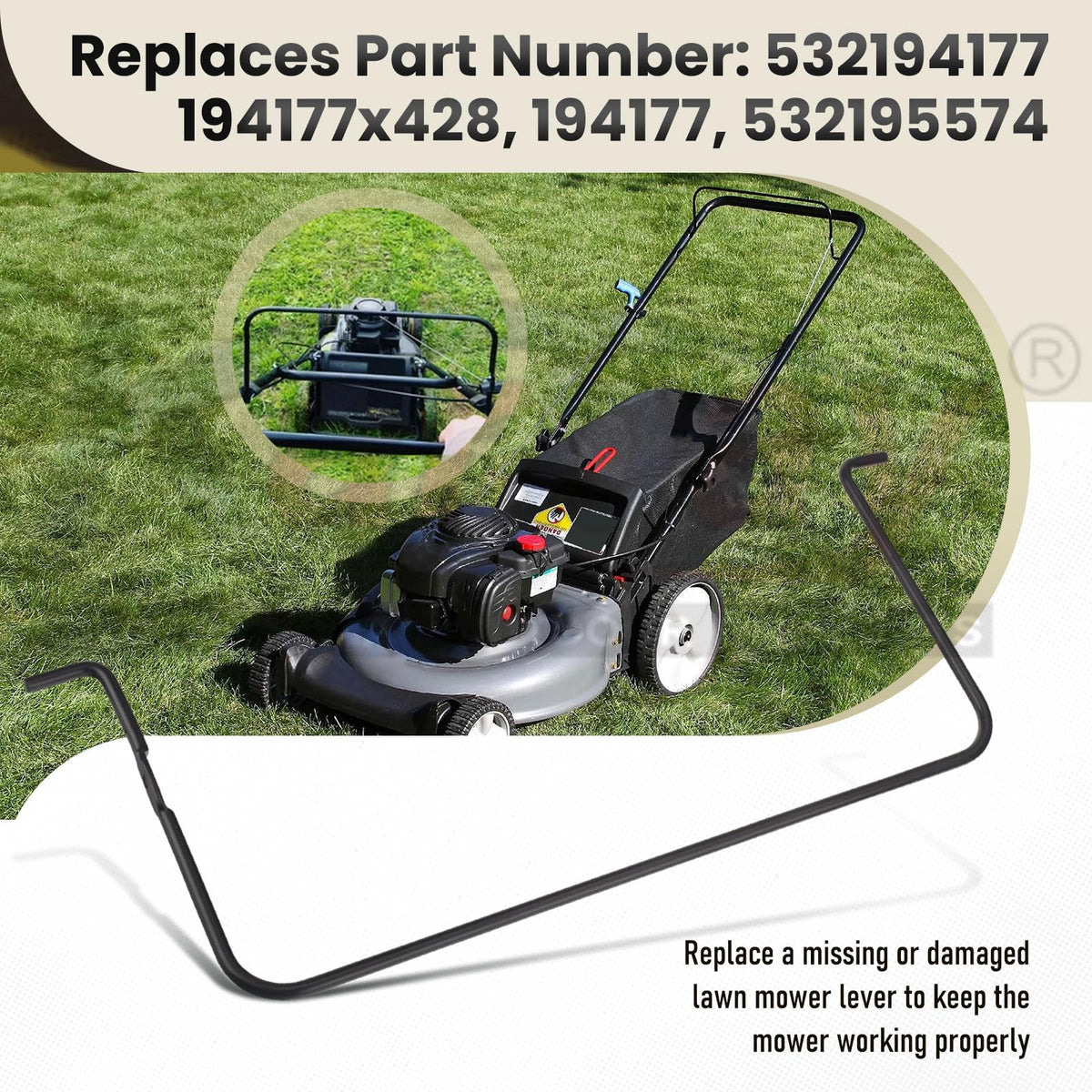 Karbay bail control bar for weed eater-compatible mowers enables quick replacement