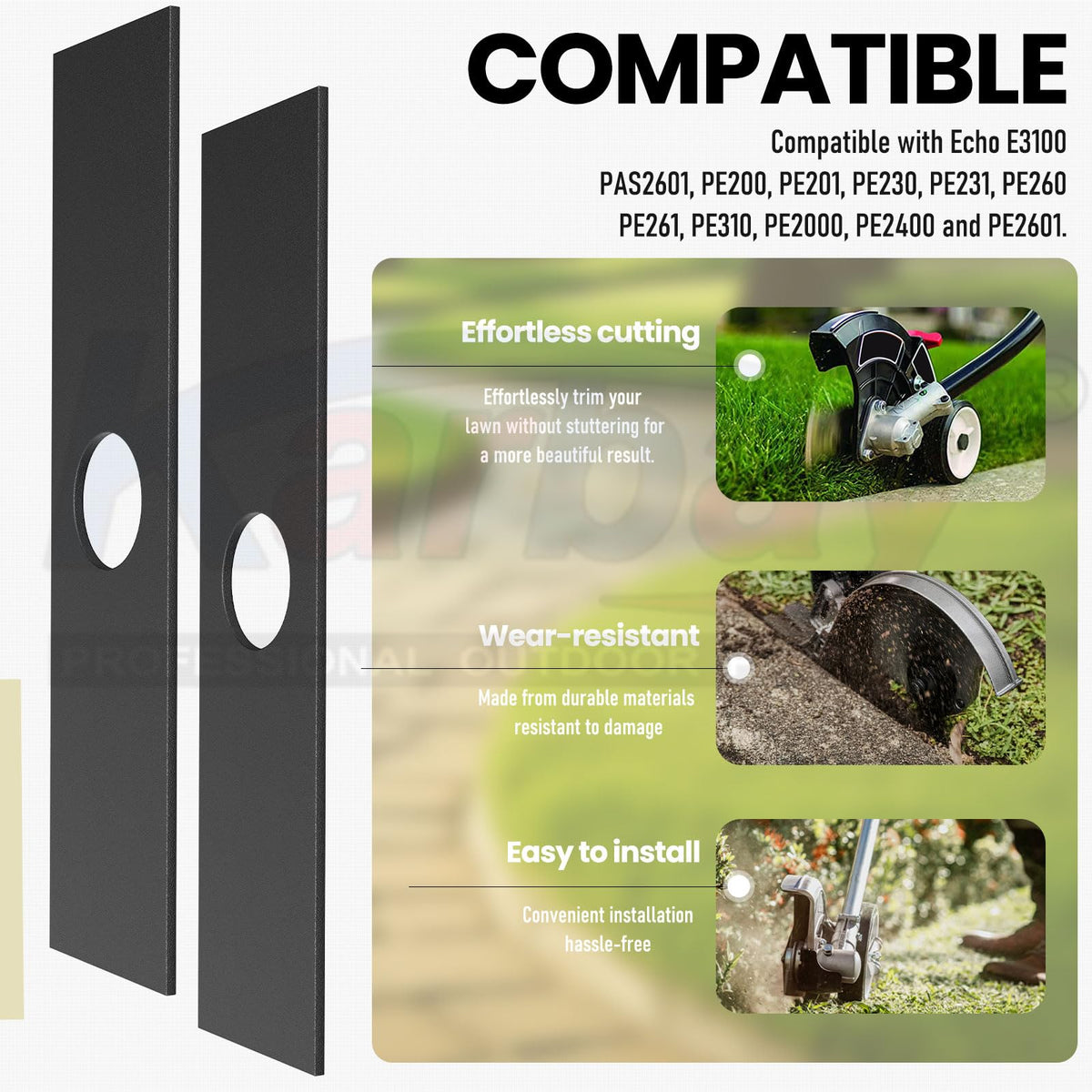 Karbay 8x2-inch blades compatible with Stihl edgers for clean edges.