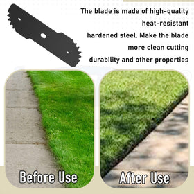 Karbay serrated edge blade cutting through weeds and small twigs.